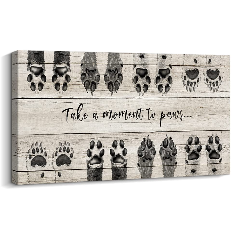 ARTINME Dog Lover Sign Wall DecorTake A Moment to Paws sign Pet Paw Print Artwork Footprints Canvas Wall ArtFramed Animal prints Puppy Gifts for Front Door home decoration (Black)